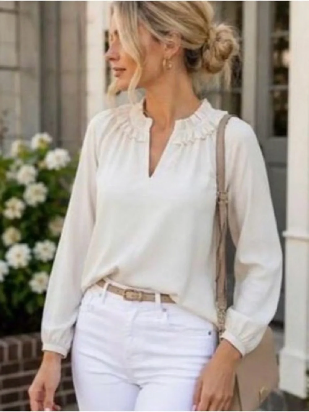 J. Crew EUC Drapey Ruffle Neck Top in 365 crepe in ivory M